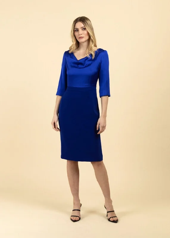 Modern DressFee G Sylvie Drape Neck Contrasting Pencil Midi Dress, Blue