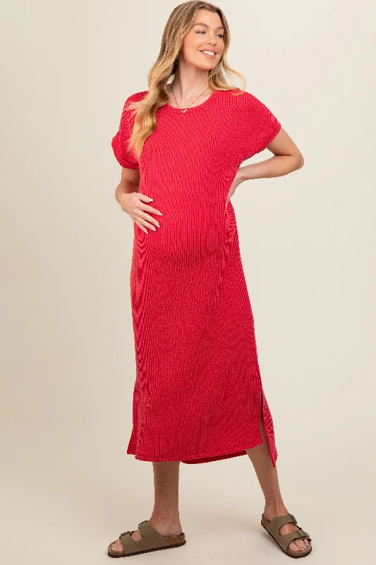 Tie-Dye Short Sleeve TopsRed Ribbed Short Sleeve Maternity Midi Dress