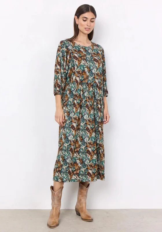 Short-sleeve DressSoyaconcept Marica Puff Sleeve Floral Print Midi Dress, Dark Green