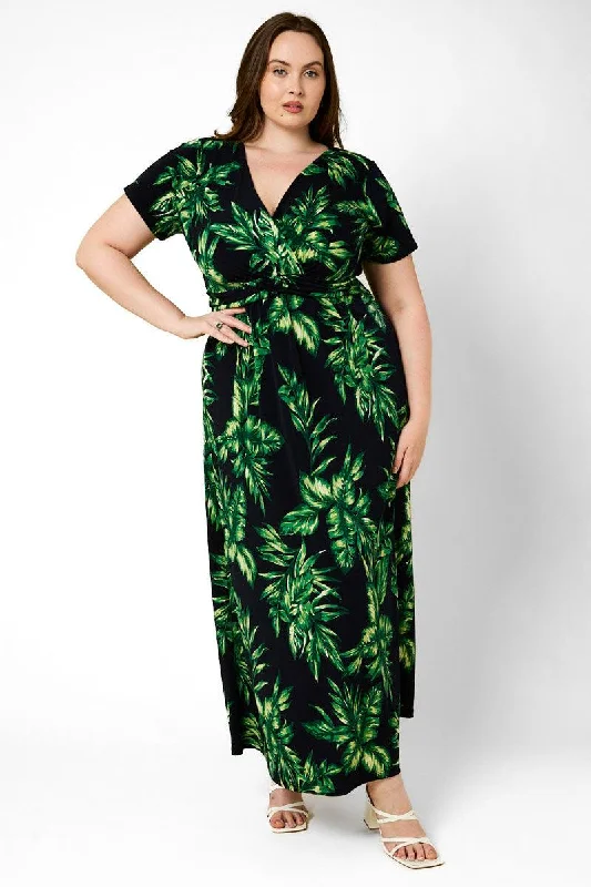 Streetwear Short Sleeve TopsPlus Size Short Sleeve Front Twist Tropical Maxi Dress