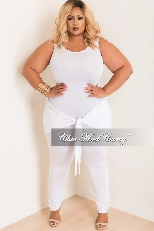 Large women's warm topsFinal Sale Plus Size Jumpsuit with Attached Tie in White