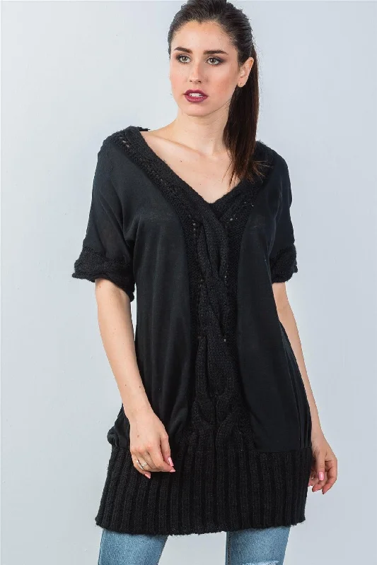 Black Center Cable Knit Pattern Tunic Sweater /3-1Embroidered Knit Tops