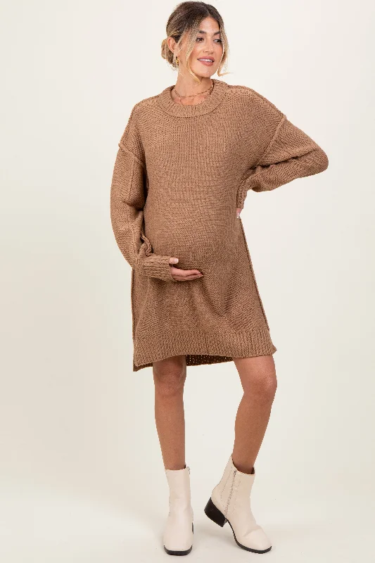 Mocha Exposed Seam Oversized Maternity Sweater DressSheer Knit Tops