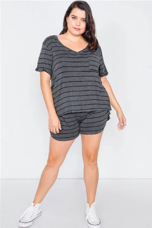 Lounge Short Sleeve TopsPlus Size Charcoal & Black Rolled Short Sleeve Stripe Comfy Short Set  /2-3-2