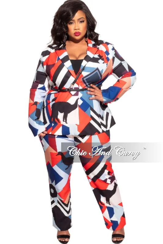 Plus Large women's linen topsFinal Plus Size Pants Suit in Multi-Color Llamas & Birds Print