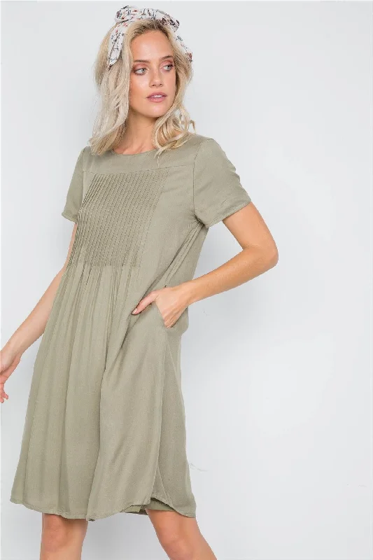 Embroidered Short Sleeve TopsLight Olive Short Sleeve Pleated Boho Dress /2-2-2