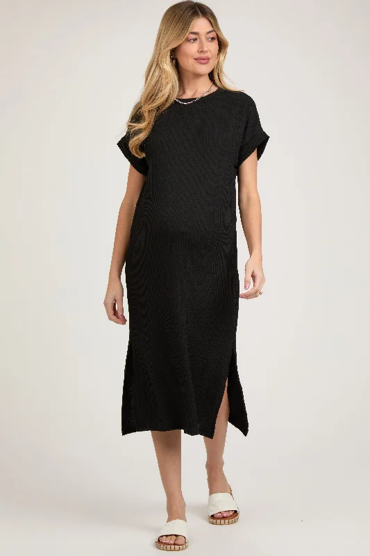 Slim Fit Short Sleeve TopsBlack Ribbed Short Sleeve Maternity Midi Dress