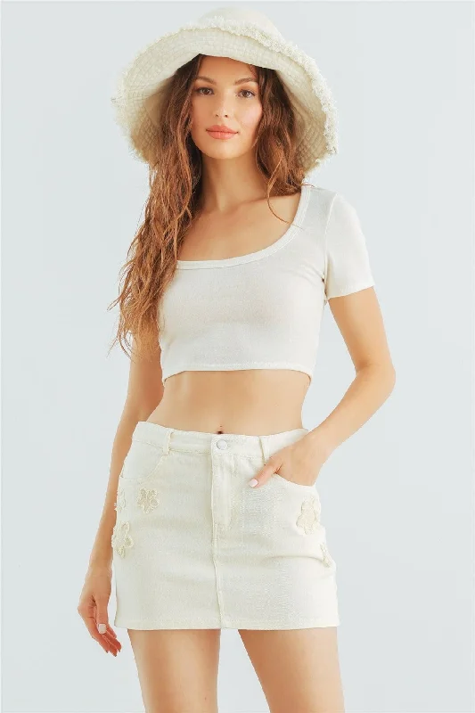 Silk Short Sleeve TopsOff White Round Neck Short Sleeve Crop Top /1-2-2-1