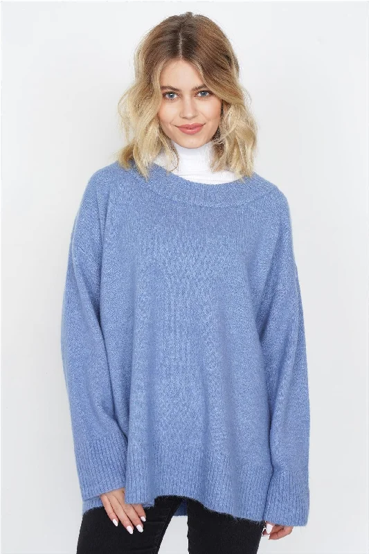 Blue Solid Wool Chic Oversized Ribbed Hem Scoop Neck Sweater /4-2Striped Knit Tops