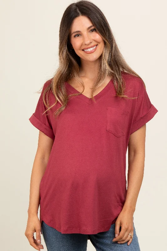 Longline Short Sleeve TopsBurgundy V-Neck Pocket Short Sleeve Shirt