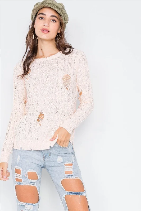 Peach Distressed High-Low Knit Sweater /2-2-2Wool Knit Tops