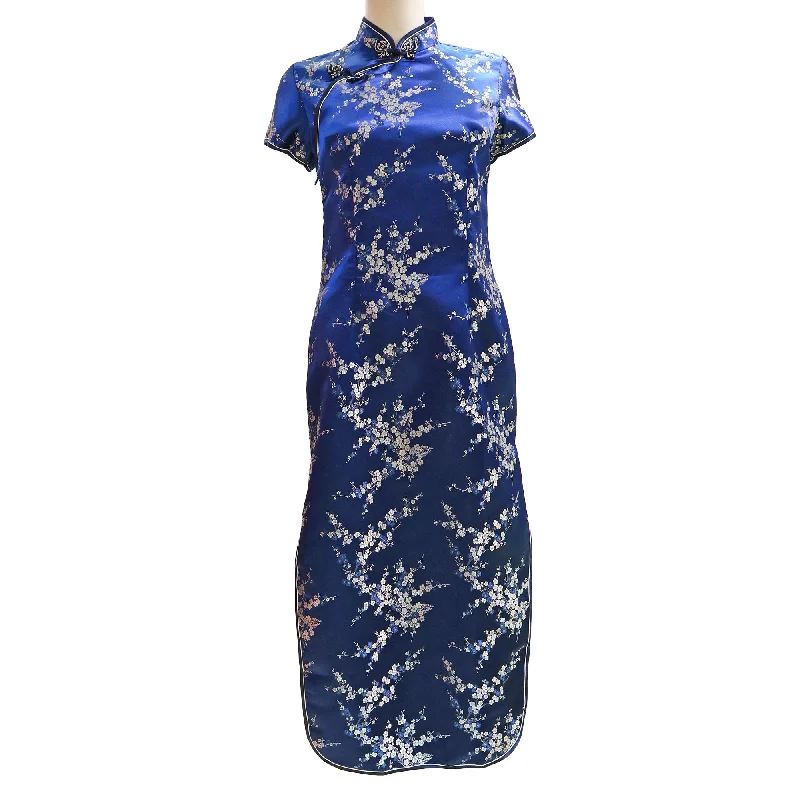 Punk Short Sleeve TopsShort Sleeve Ankle-Length Qipao with White Blossoms - Blue