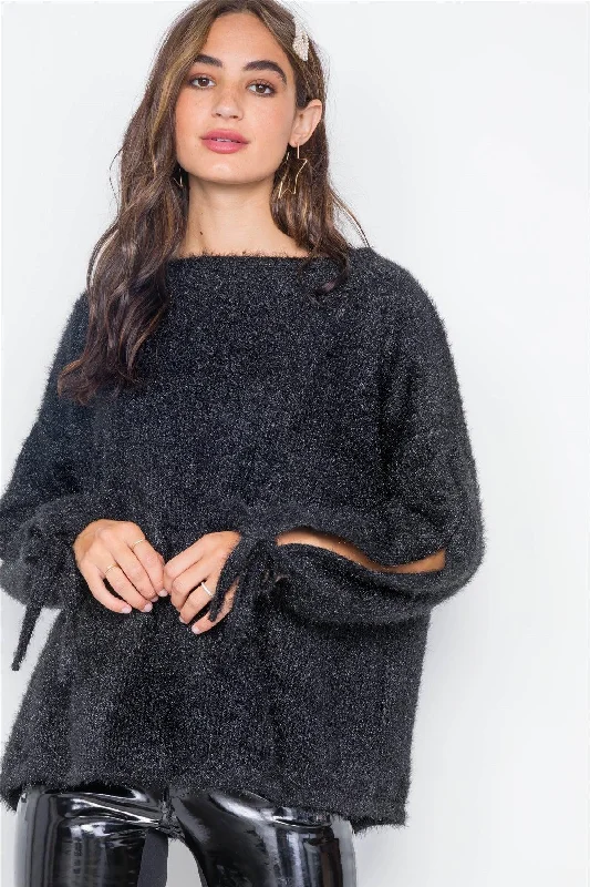 Black Fuzzy Slit Sleeves Casual Soft Sweater / 2-2-2Studded Knit Tops