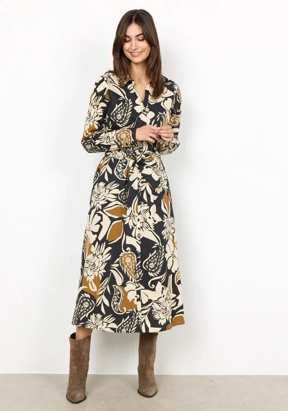 High-low DressSoyaconcept Tamaya Floral Print Midi Shirt dress, Camel