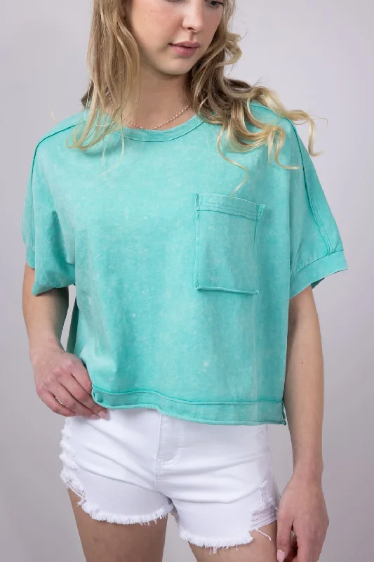 Oversized Cropped Mineral Wash Knit T-Shirt for Women in Paradise Green | NT11429-PARADISEGREENCollege T-Shirts