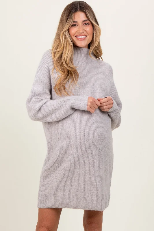 Heather Grey Mock Neck Maternity Mini Sweater DressAngora Knit Tops