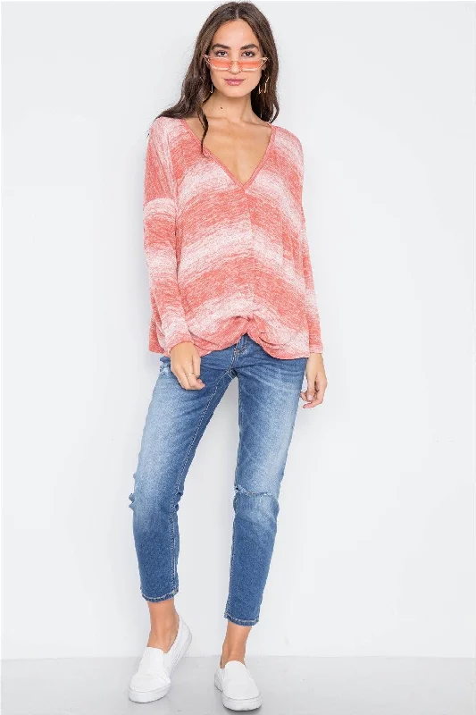 Coral  Deep V-Neck Front-Twist Sweater /1-2-2Fringed Knit Tops