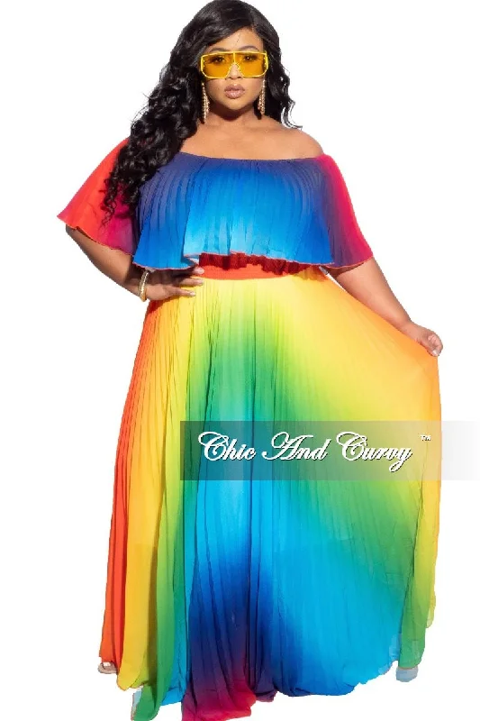 Plus size women's striped topsFinal Sale Plus Size Strapless Chiffon Pleated Long Dress in a Rainbow Print