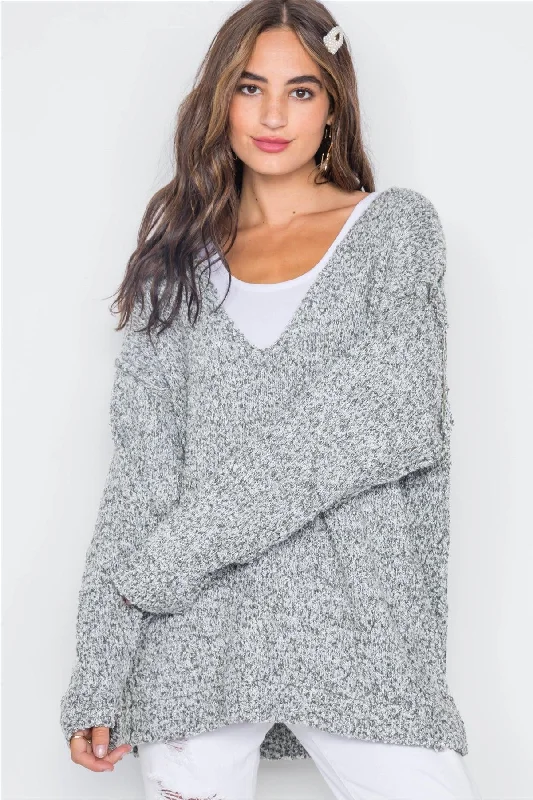 Dry Thyme Heathered Knit Long Sleeve Sweater /4-2Linen Knit Tops