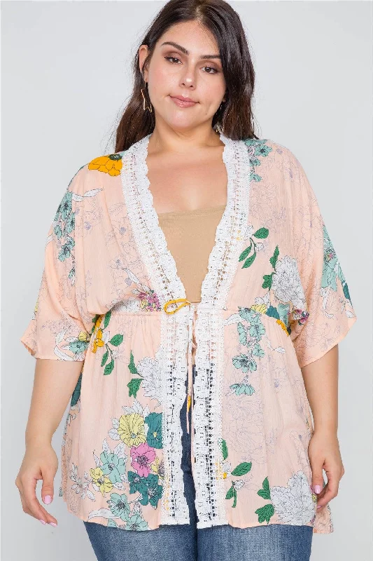 Formal Short Sleeve TopsPlus Size Nude Floral Short Sleeve Kimono Cover-Up /2-2-2