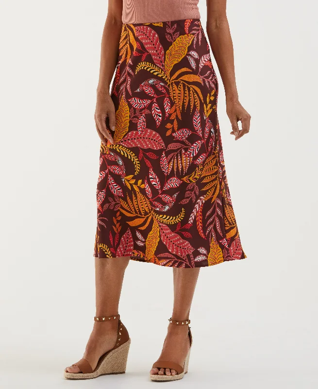 KiltLeaf Print Shine Midi Bias Skirt