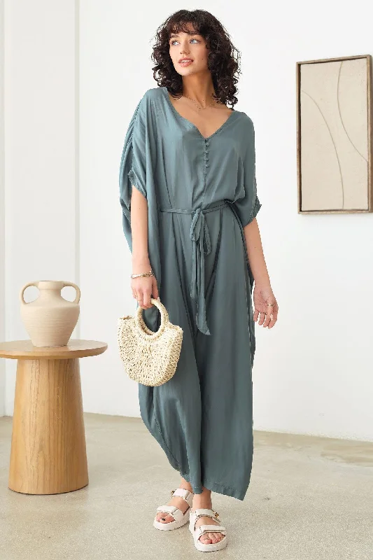 Thermal Short Sleeve TopsSilk Short Sleeve V-Neck Button Up Draped Jumpsuit