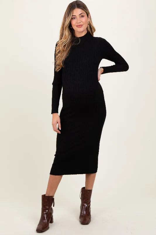 Black Mock Neck Ribbed Maternity Sweater DressFormal Knit Tops