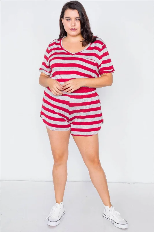 Gym Short Sleeve TopsJunior Plus Size Red & Heather Grey Rolled Short Sleeve Stripe Comfy Short Set /3-2-1