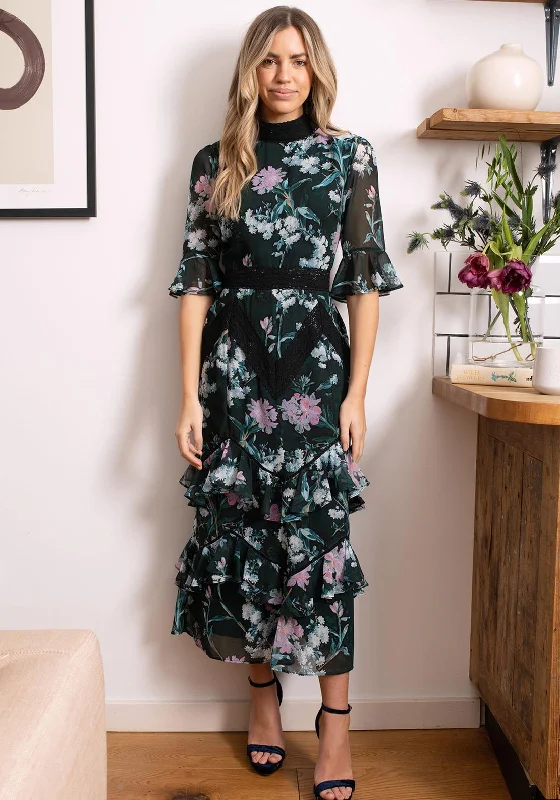 Opaque DressHope & Ivy Ellen Ruffle Skirt Floral Midi Dress, Green and Pink