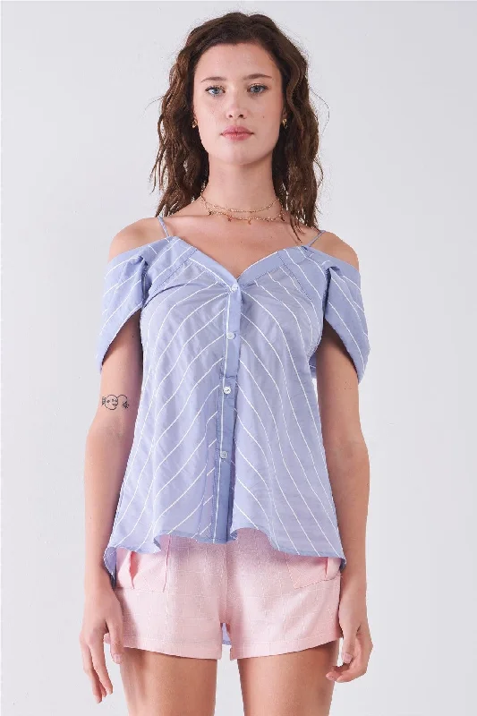 Hip-Hop Short Sleeve TopsLight-Blue Striped V-Neck Off-The-Shoulder Short Sleeve Front Button Down Loose Fit Top /3-2