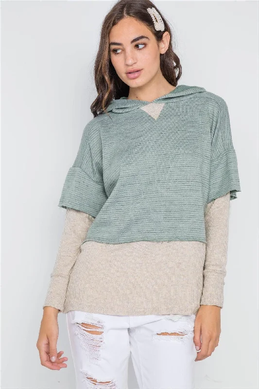 Dark Sage Combo Hooded Long Sleeve Sweater /2-2-2Logo Knit Tops