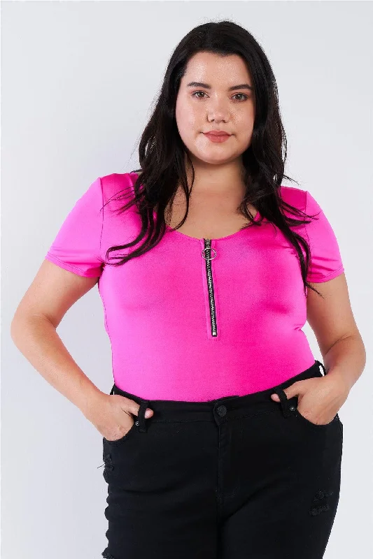 Distressed Short Sleeve TopsFuchsia Pink Plus Size Front Zip Short Sleeve Bodysuit /2-2