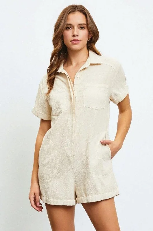 Scoop Neck Short Sleeve TopsButtoned Relax Fit Short Sleeve Front Pocket Romper