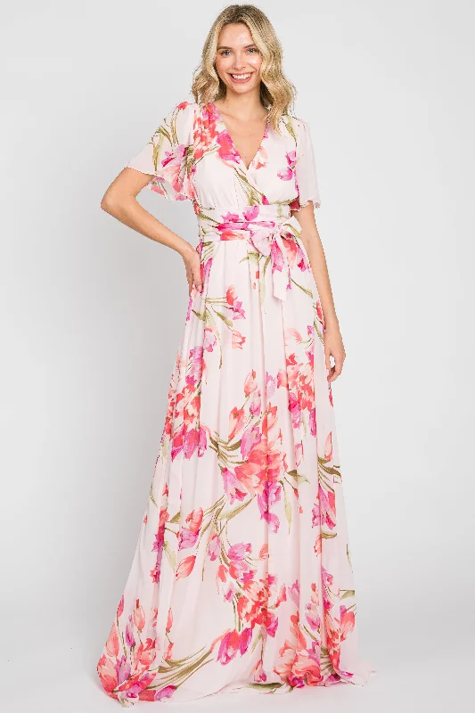 Quick-Dry Short Sleeve TopsPink Tulip Floral Chiffon Wrap Front Short Sleeve Maxi Dress