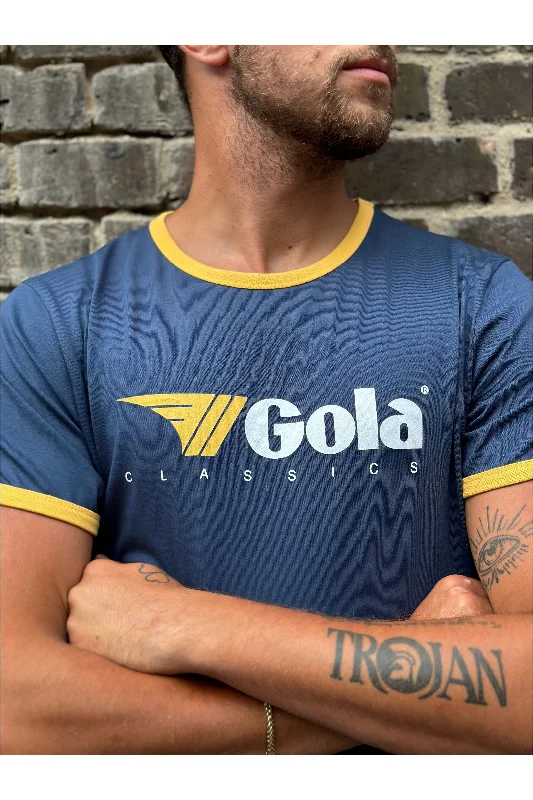 Quick-Dry Short Sleeve TopsGola - Navy & Gold Short Sleeve Ringer - T-Shirt