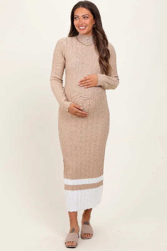 Beige Colorblock Hem Mock Neck Maternity Sweater DressCasual Knit Tops