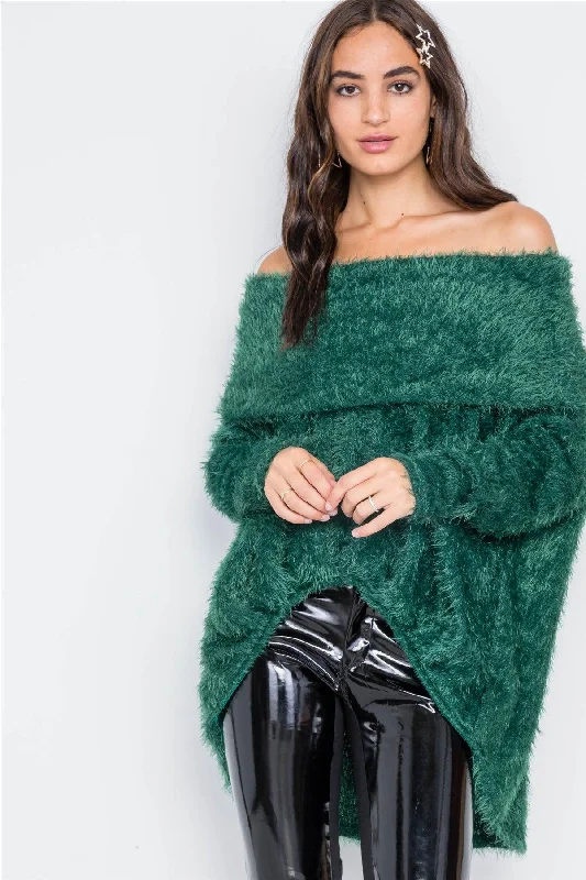 Green Fuzzy Off-The-Shoulder Sweater /2-2-2Cropped Knit Tops