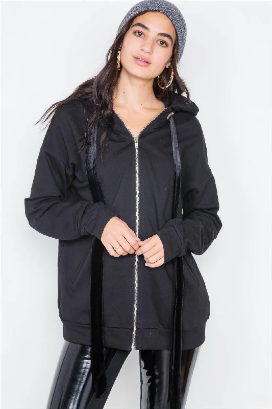 Black Cotton Zip-Up Hoodie Sweater /4-2Ribbed Cuff Knit Tops