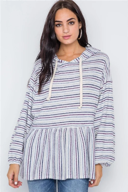 White Purple Stripe Long Sleeve Hooded Soft Sweater /2-2-2V-Neck Knit Tops