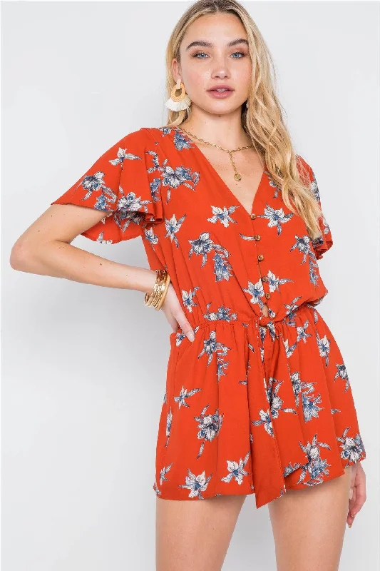 Athletic Short Sleeve TopsRust Floral Button-Front Short Sleeve Romper /2-2-2