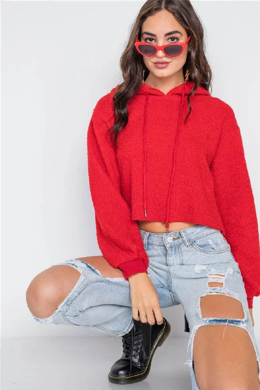 Red Cropped Hooded Long Sleeve Fleece Sweater /2-1-2Hemp Knit Tops