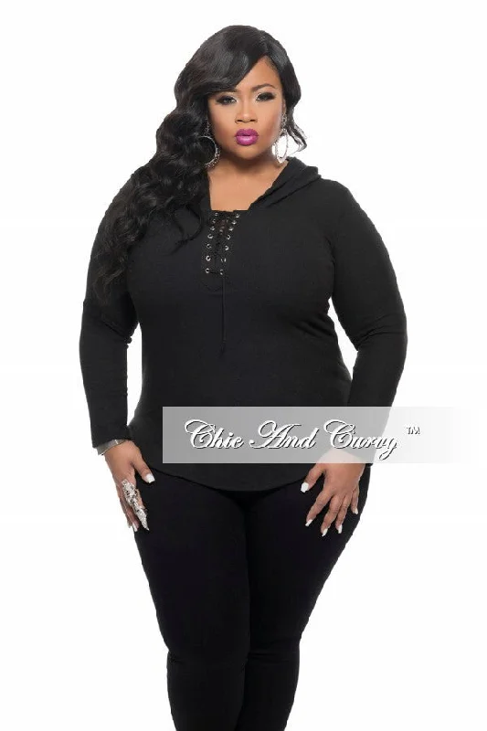 Large women's windproof topsFinal Sale Plus Size Lace Up Top with Long Sleeves in Black