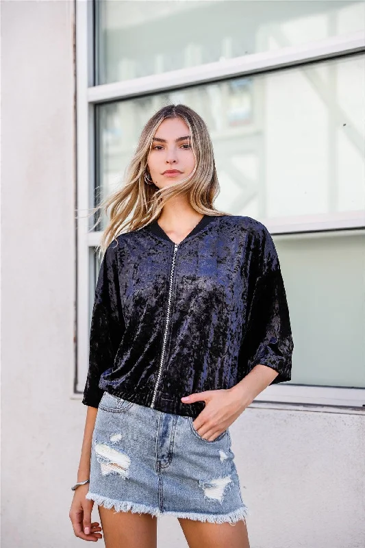 Black Crushed Velvet Zip Up 3/4 Puff Sleeve Sweater /2-2-2Lace Knit Tops