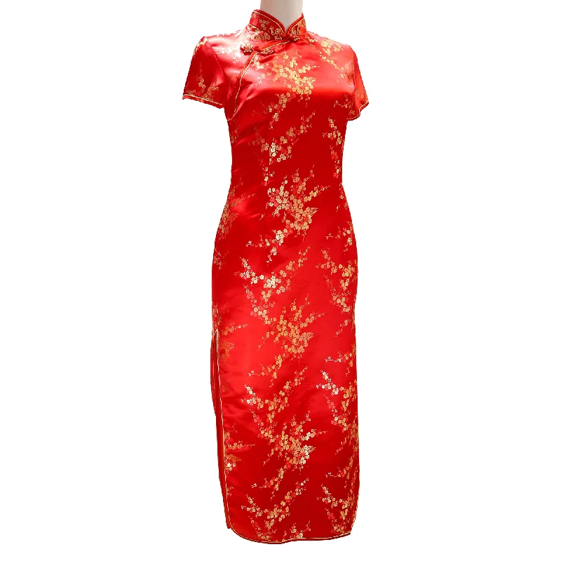 Retro Short Sleeve TopsShort Sleeve Ankle-Length Qipao with Gold Blossoms - Red