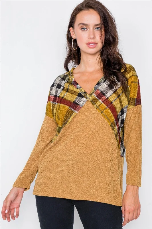 Mustard & Plaid Fabric Mix V-Neck Drop-Shoulder Sweater /2-2-2Button-Up Knit Tops