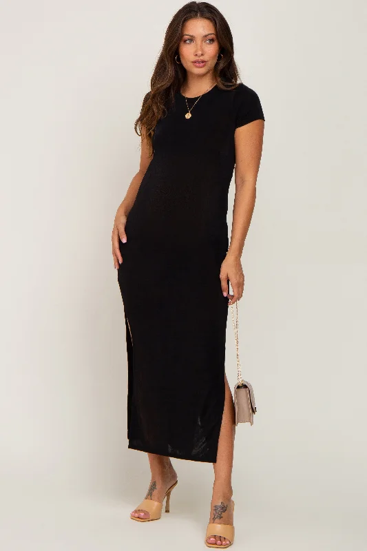 Work Short Sleeve TopsBlack Short Sleeve Side Slit Maternity Maxi Dress