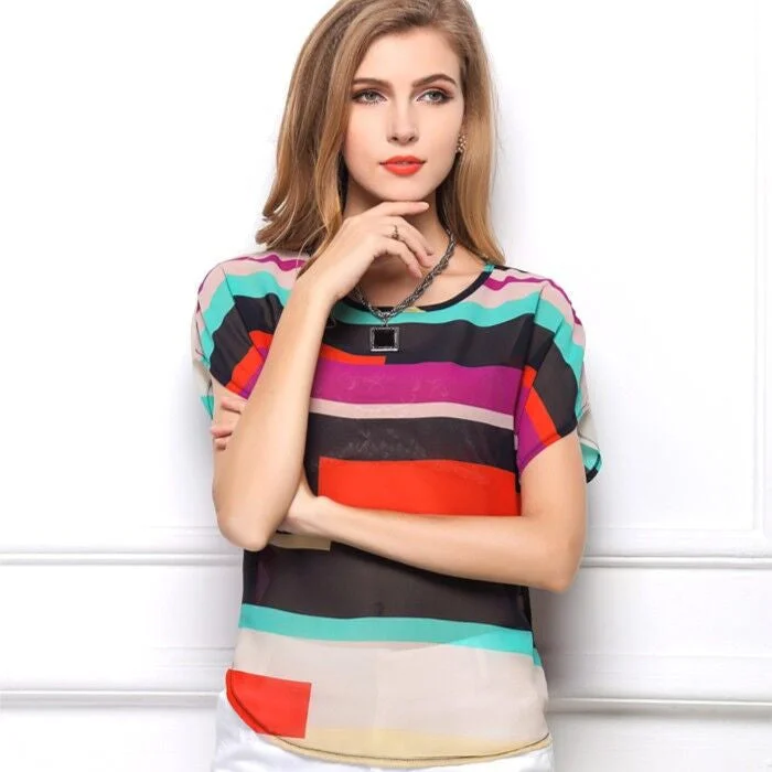 Hiking Short Sleeve TopsRainbow Colored Bat wing Short Sleeve Chiffon Blouse