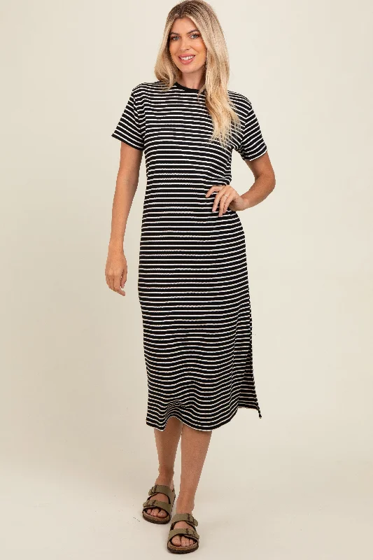 Organic Cotton Short Sleeve TopsBlack Striped Short Sleeve T-Shirt Midi Dress