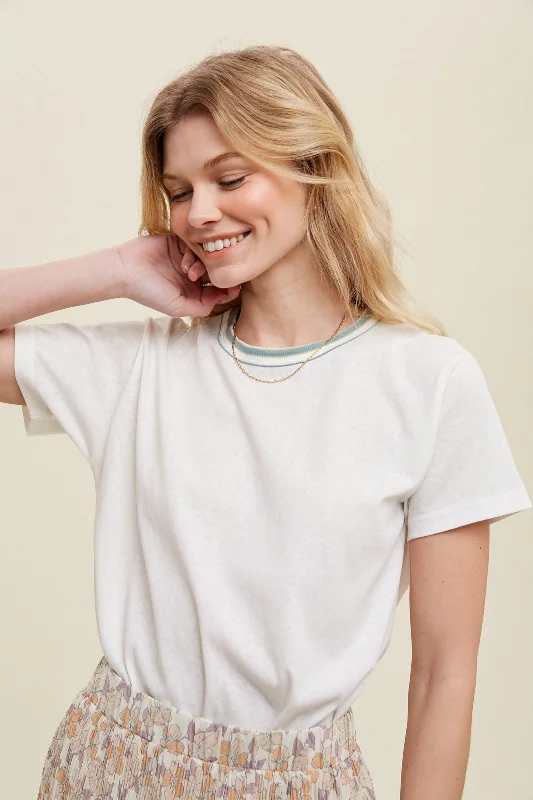 Cropped Short Sleeve TopsIvory Contrast Neck Band Short Sleeve Top