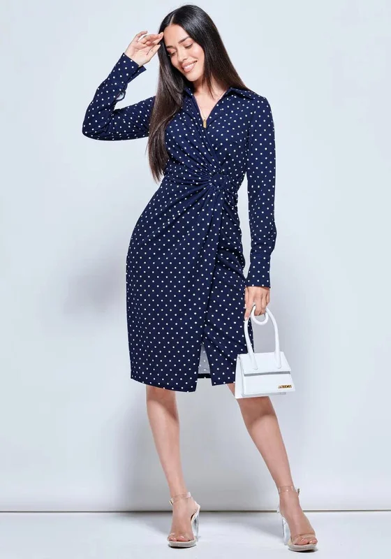 School DressJolie Moi Buckle Polka Dot Midi Dress, Navy & White